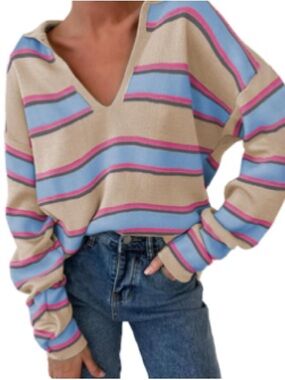 NWT V-Neck Striped Sweater - Cream with Pastel Stripes Sz Xl Women